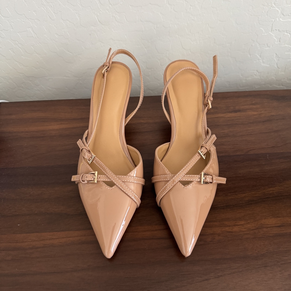 Nude Patent Pointed Toe Slingback Heels